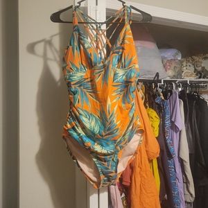 Orange tropical Ruched One Piece